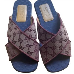 Gucci Brown GG Canvas Cross-Over Slide Sandals with Navy Footbed